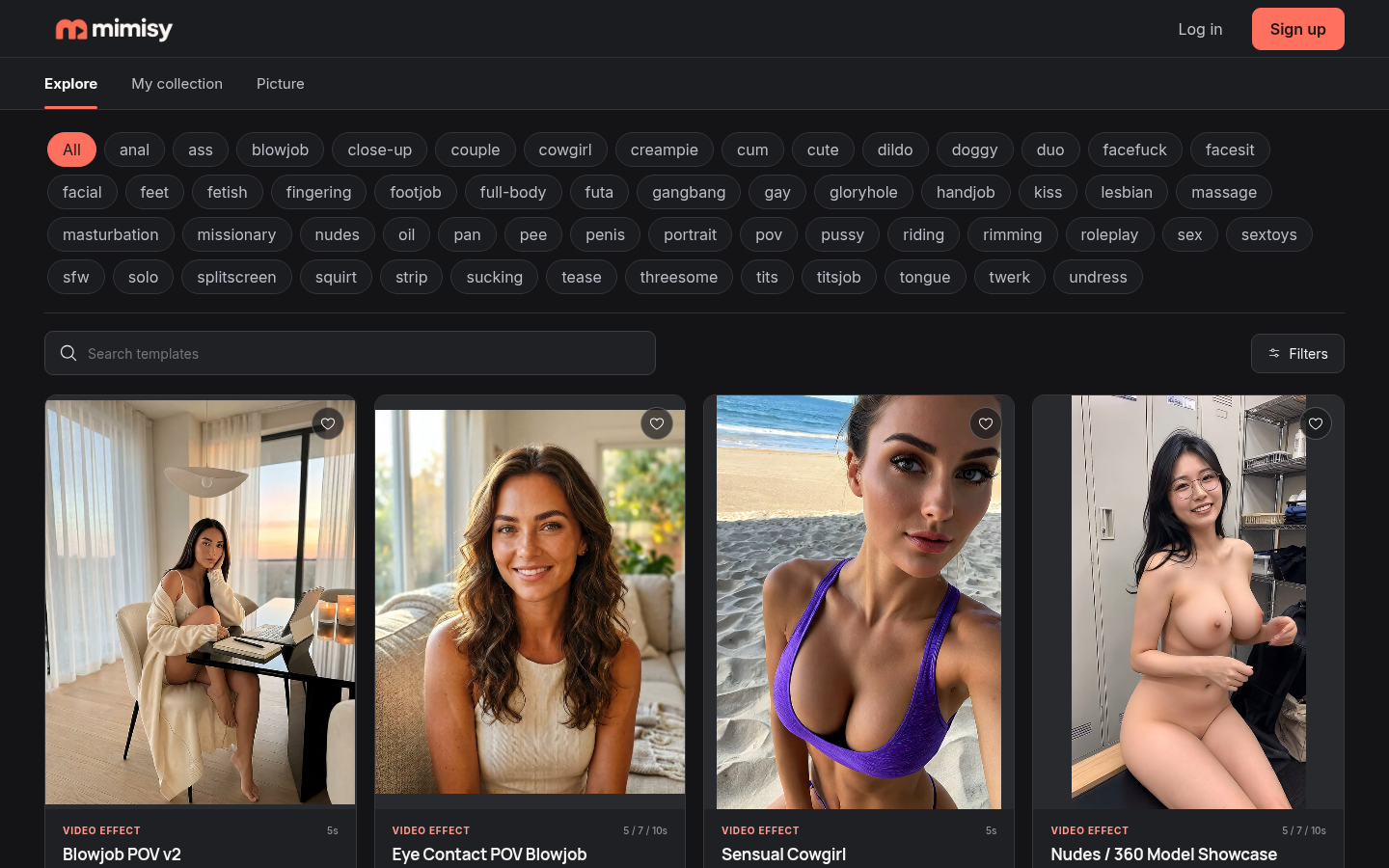 Mimisy Explore grid with tag filters and video effect cards