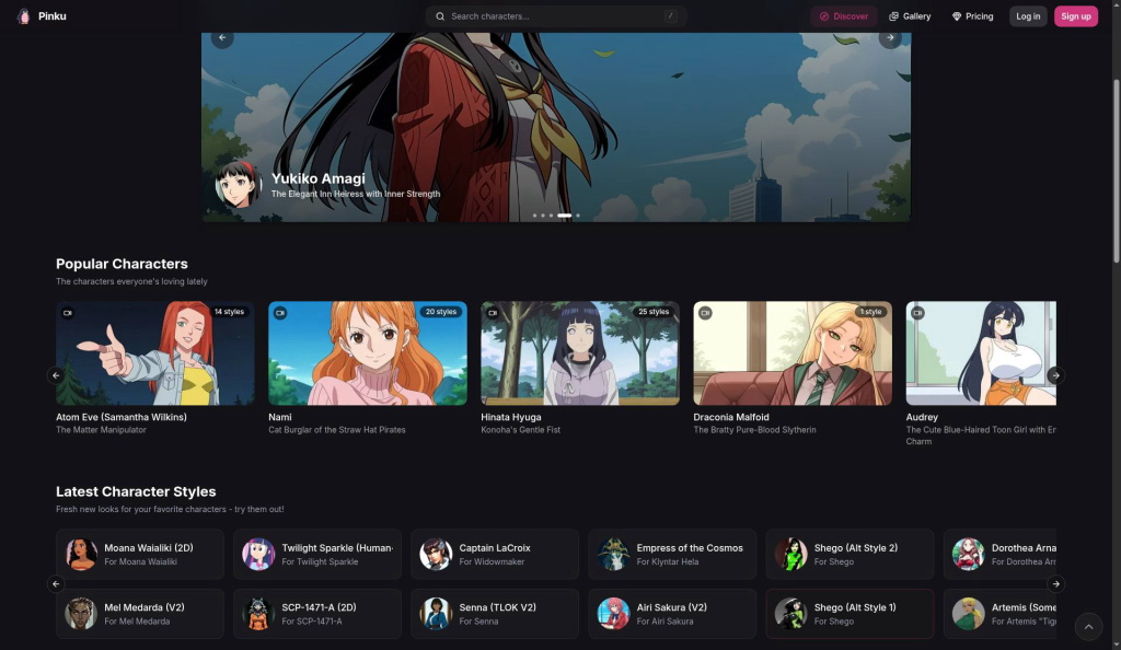 Pinku AI Discover: Featured styles and popular anime, gaming and cartoon characters