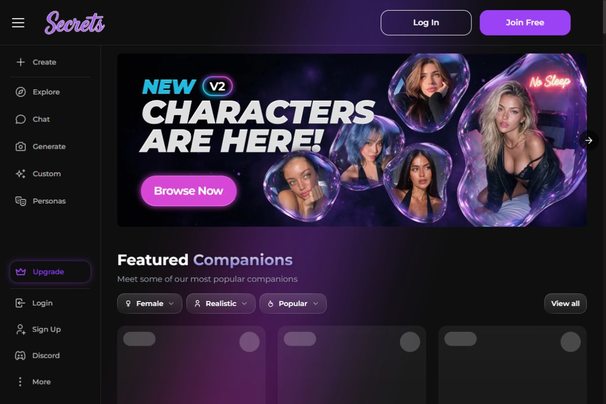 The Secrets AI homepage promotes 100+ fantasies, 24/7 AI girlfriend chat, a '200 Free Moments' sign-up incentive, and Trustpilot integration for new visitors.