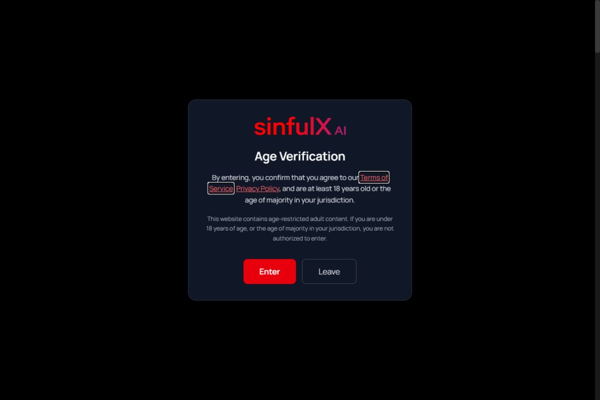 SinfulX homepage showing the two-step model-and-scene selection workflow, free VIZ offer, and photorealistic gallery examples across NSFW categories.