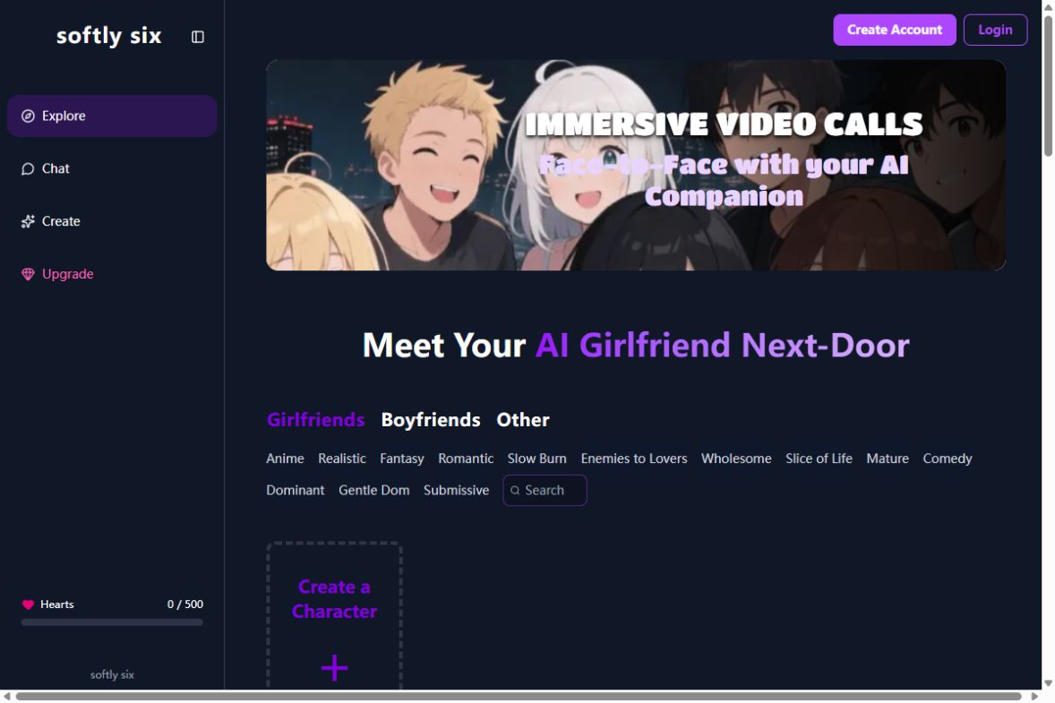 SoftlySix homepage promoting video calls and text chat with AI companions, with personality tuning guides linked below the main pitch.