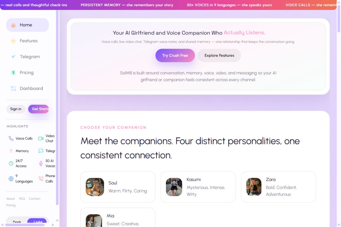 SolM8 homepage showing companion selection, voice call features, and plan overview with a first-month-free Crush offer.