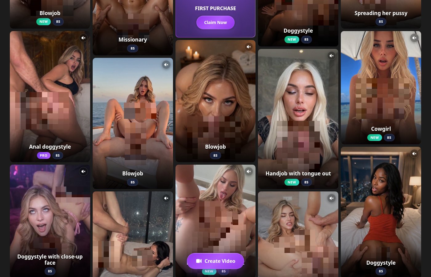 SpicyGen Clone gallery with adult video cards, NEW/PRO tags, and Create Video