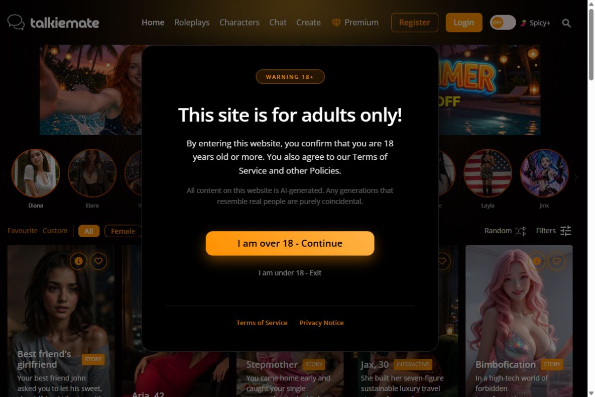 TalkieMate homepage displaying the summer deals promotion, character discovery browser with public and limited-time companions, and instant chat entry.