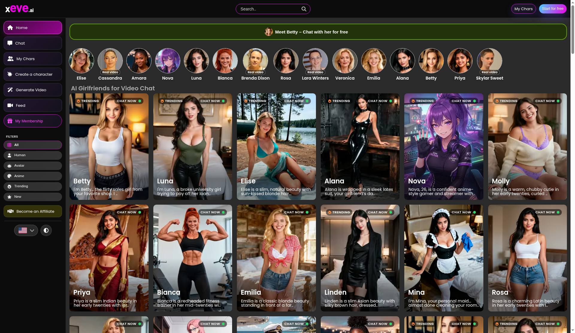 Xeve AI homepage: AI Girlfriends for Video Chat gallery with Real video tags and character cards