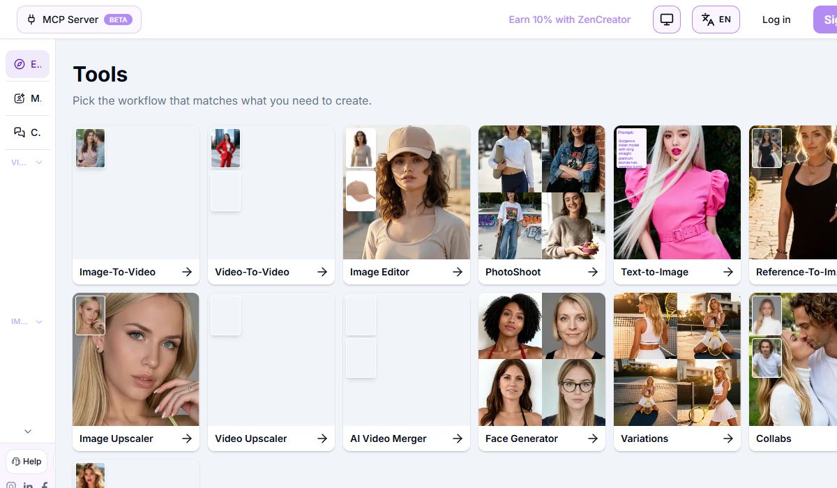 ZenCreator's real tools dashboard places Image-to-Video, Video-to-Video, Image Editor, Text-to-Image, upscaling and face tools in the same workspace.